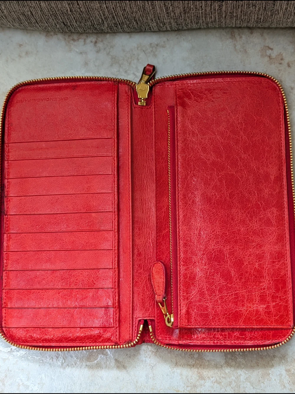 Balenciaga Red Zip-Around Leather Wallet with Gold Hardware w COA